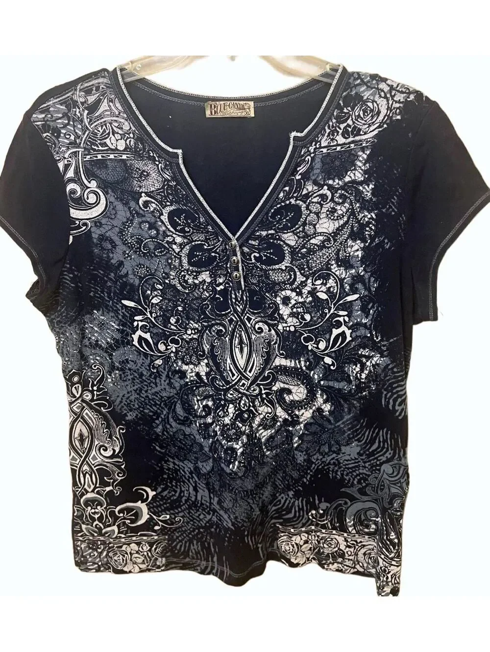 Blue Canyon Y2K Rhinestone Embellished Scroll Print Top XL Navy Gray Stretch